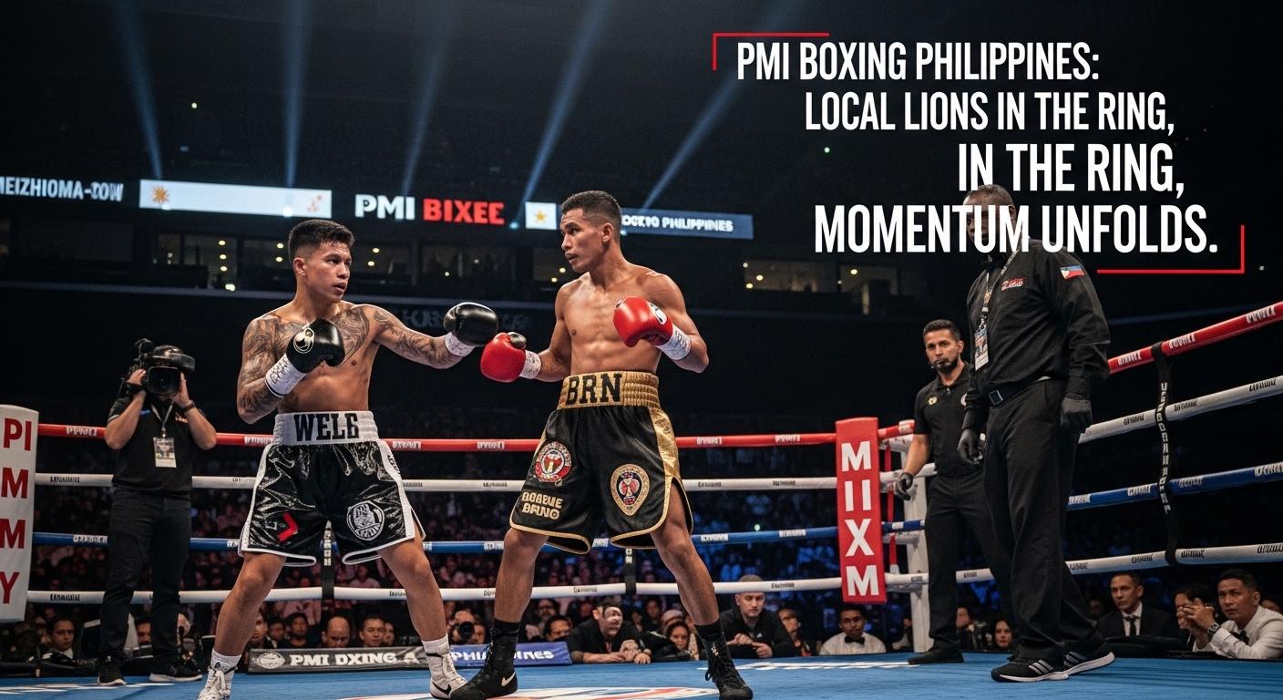 Boxers in a PMI Boxing Philippines event in a ring with spectators and sponsor banners.