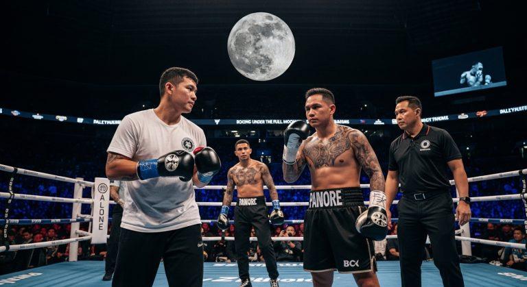 Boxing ring under a dramatic full moon with a packed Philippine crowd