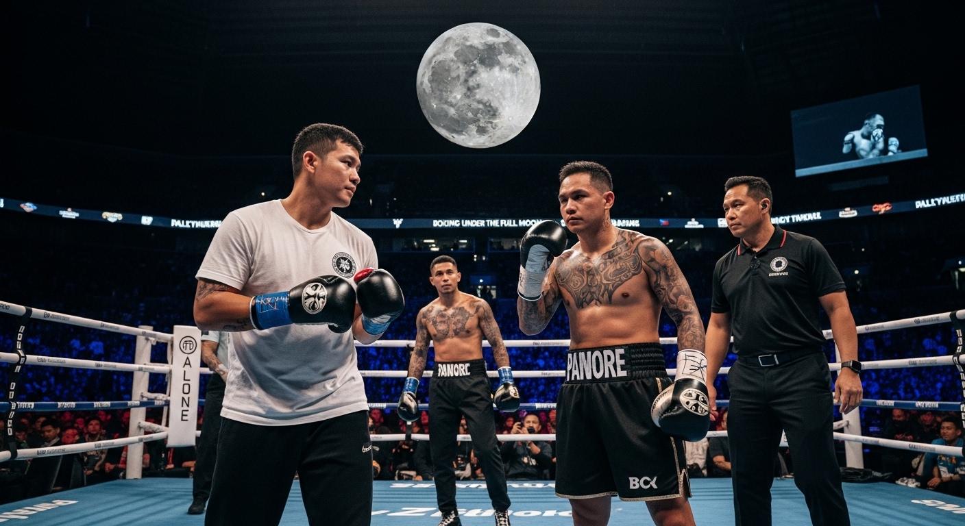 Boxing ring under a dramatic full moon with a packed Philippine crowd