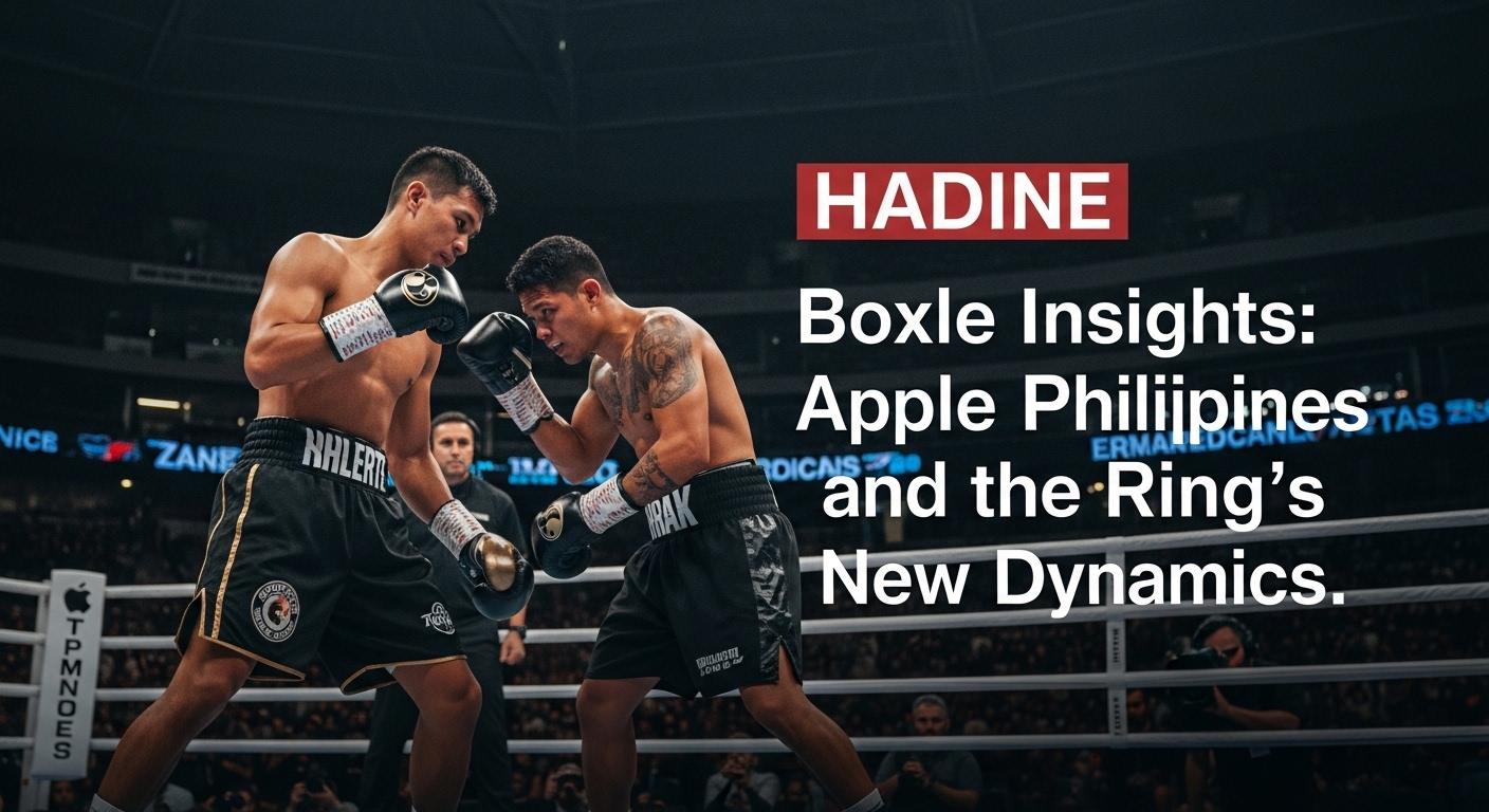 Boxing ring in a Philippine arena with editorial branding elements and crowd silhouettes.