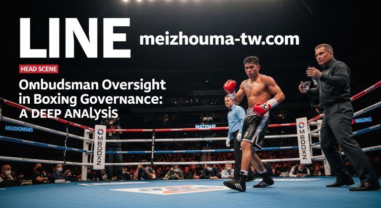 Boxing ring with officials and reporters, ombudsman-like emblem in the background