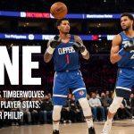 Clippers and Timberwolves players in intense action with stat overlays