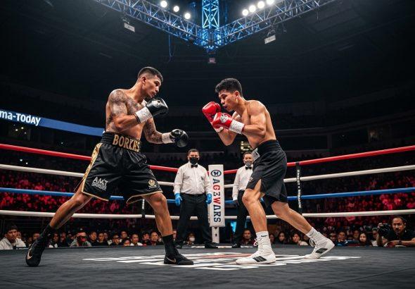 Editorial view of boxing ring and crowd in Southeast Asia