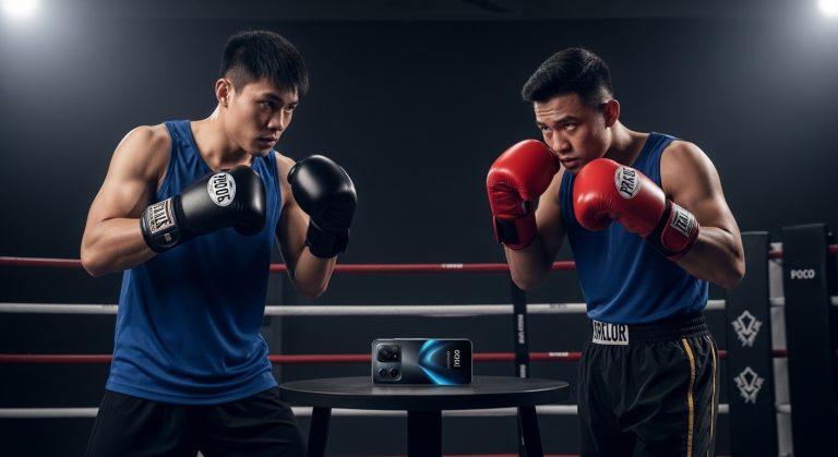 Boxing gym scene featuring Poco X8 Pro Max on trainer's table