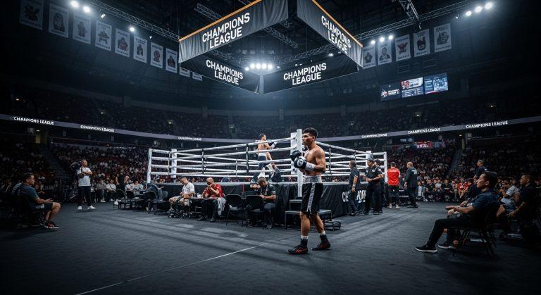 Boxing Champions League concept banner in arena with Filipino fans